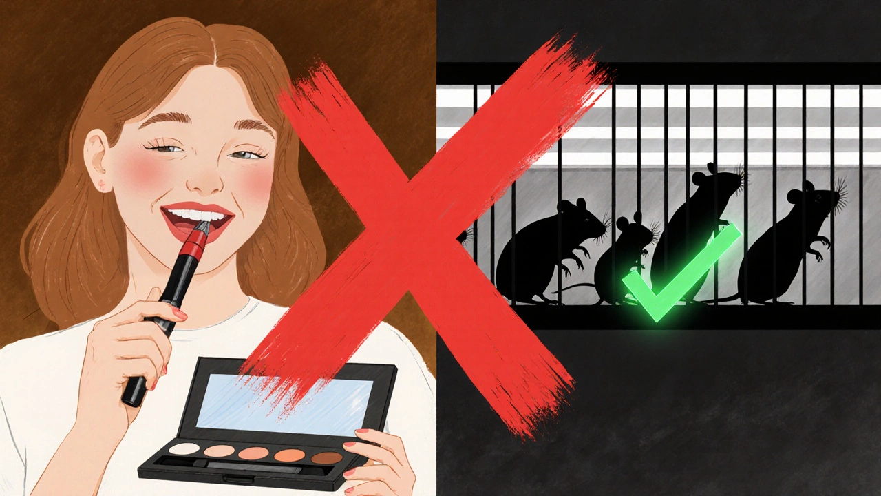 Split scene: joyful makeup application versus lab animals in cages, with green checkmark and red X symbolizing ethical choice.