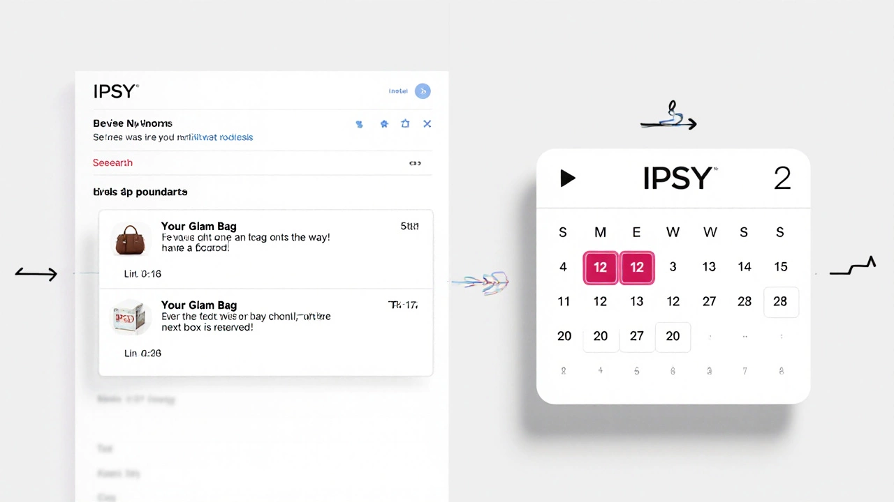 Split-screen showing two IPSY billing emails and a calendar with payment dates marked for current and next month.