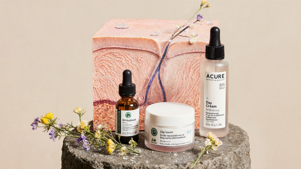 Three organic anti-aging skincare products arranged with wildflowers on stone, symbolizing clean, effective ingredients.