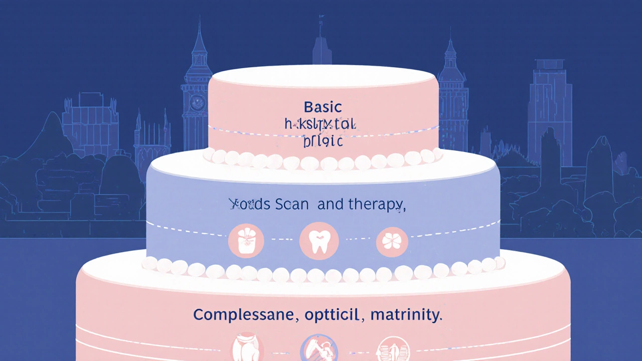 Three tiers of health insurance plans illustrated with icons, showing basic to comprehensive coverage.