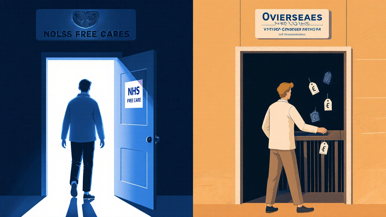 Two hospital entrances: one free for residents, one with charges for visitors, shown in symbolic contrast