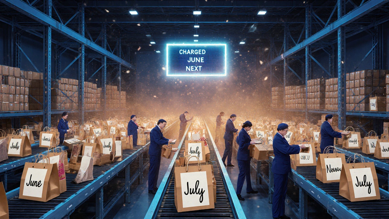 Warehouse with hundreds of personalized beauty boxes on conveyor belts labeled by month under bright lights.