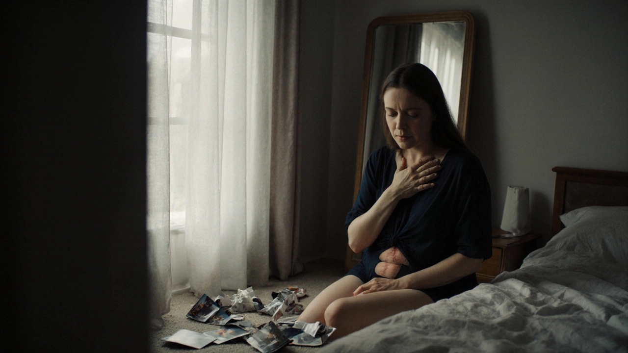 Woman staring at her scarred abdomen in a bedroom mirror, looking distressed.