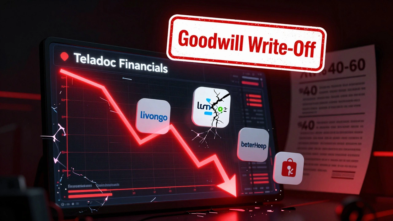 A broken financial dashboard shows failed acquisitions and massive goodwill write-offs, symbolizing Teladoc&#039;s unsustainable business model.