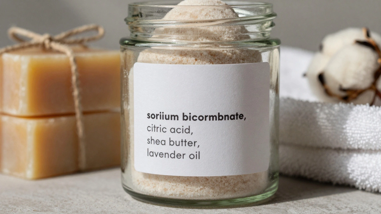 A clean bath bomb label listing simple ingredients like oils and baking soda.