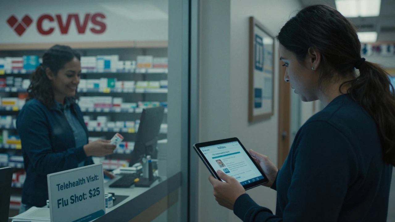 A patient stands outside a pharmacy, holding a telehealth tablet, while others receive services inside, highlighting Teladoc&#039;s lack of integrated care.