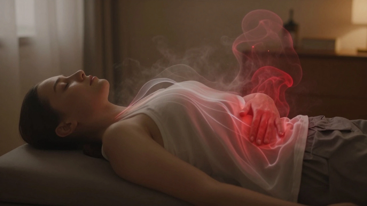 A person meditating with gentle light waves flowing through their body, representing body scanning and breathwork for pain relief.