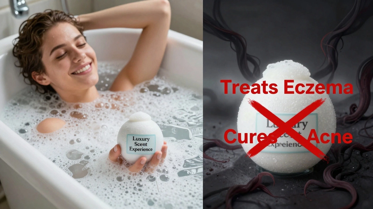 A split image showing a peaceful bath experience versus illegal medical claims on packaging.