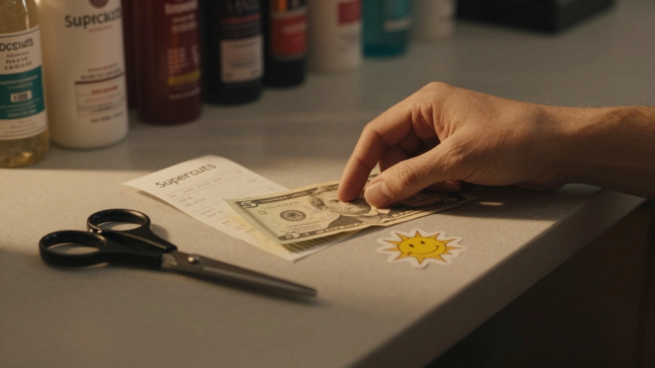 A  tip left on a receipt with a small sticker beside hair tools