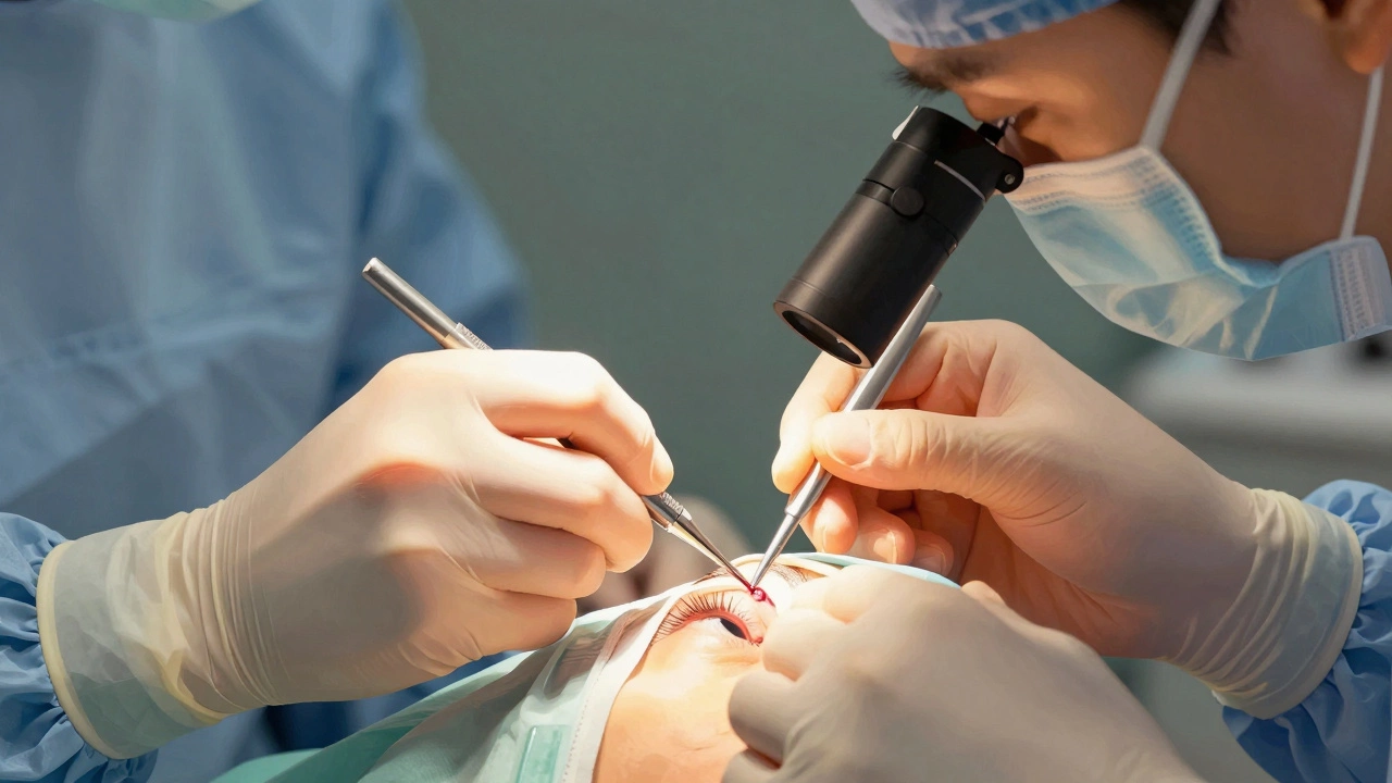 Close-up of a surgeon performing precise eyelid surgery with sterile tools and calm lighting.