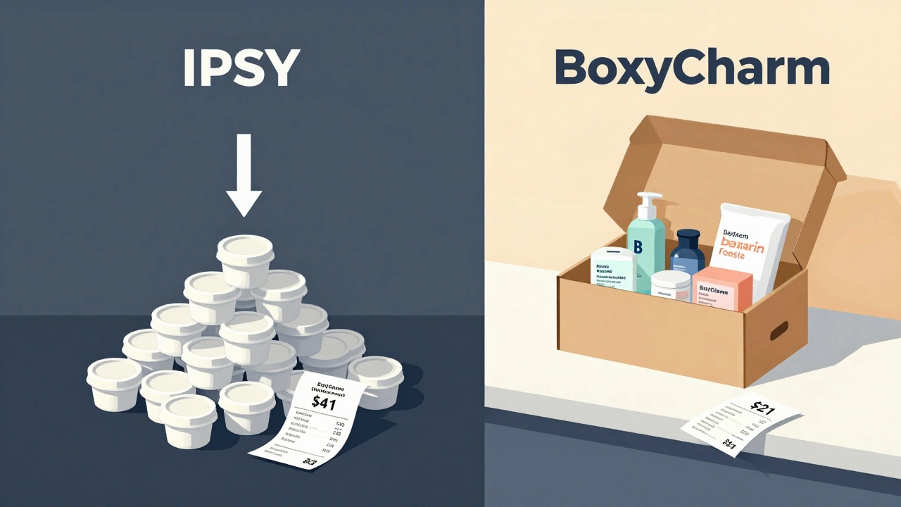 Conceptual split image: one side shows piles of empty mini beauty samples, the other shows one BoxyCharm box with full-size products.