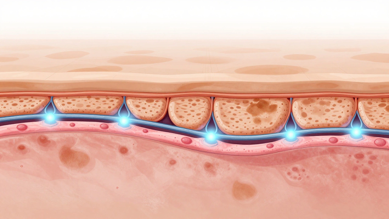Cross-section of skin showing collagen regeneration after fractional laser treatment with glowing micro-channels.