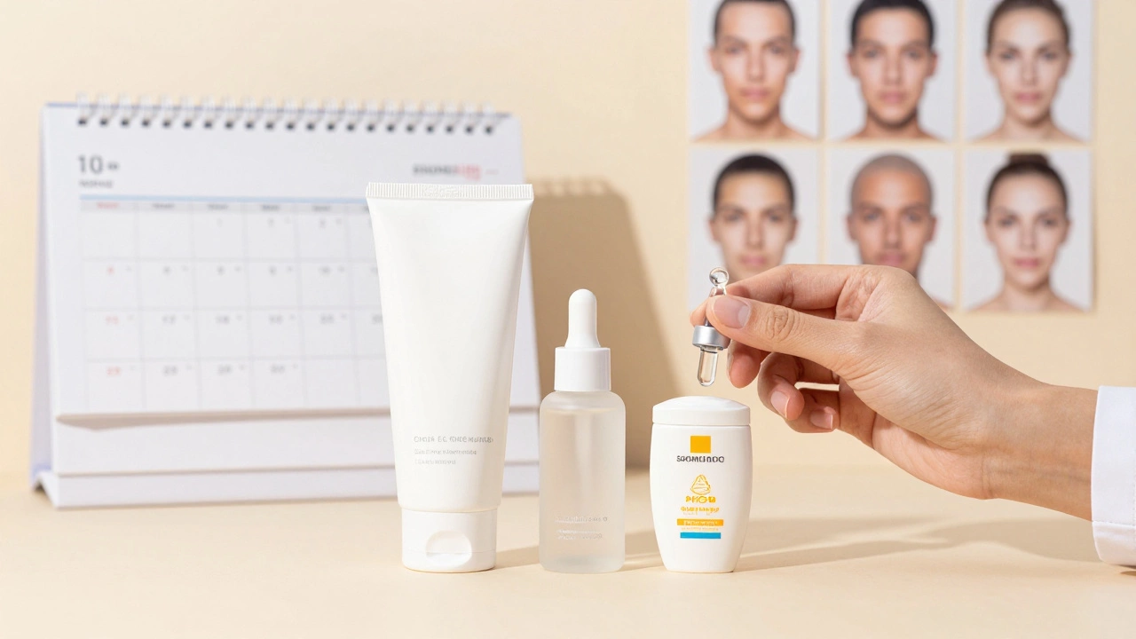 Dermatologist&#039;s hand holding oral medication beside simple skincare routine with calendar and progress photos