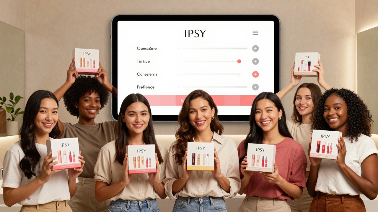 Diverse women smiling with their personalized IPSY beauty boxes in a bright bathroom, digital tablet showing quiz interface in background.