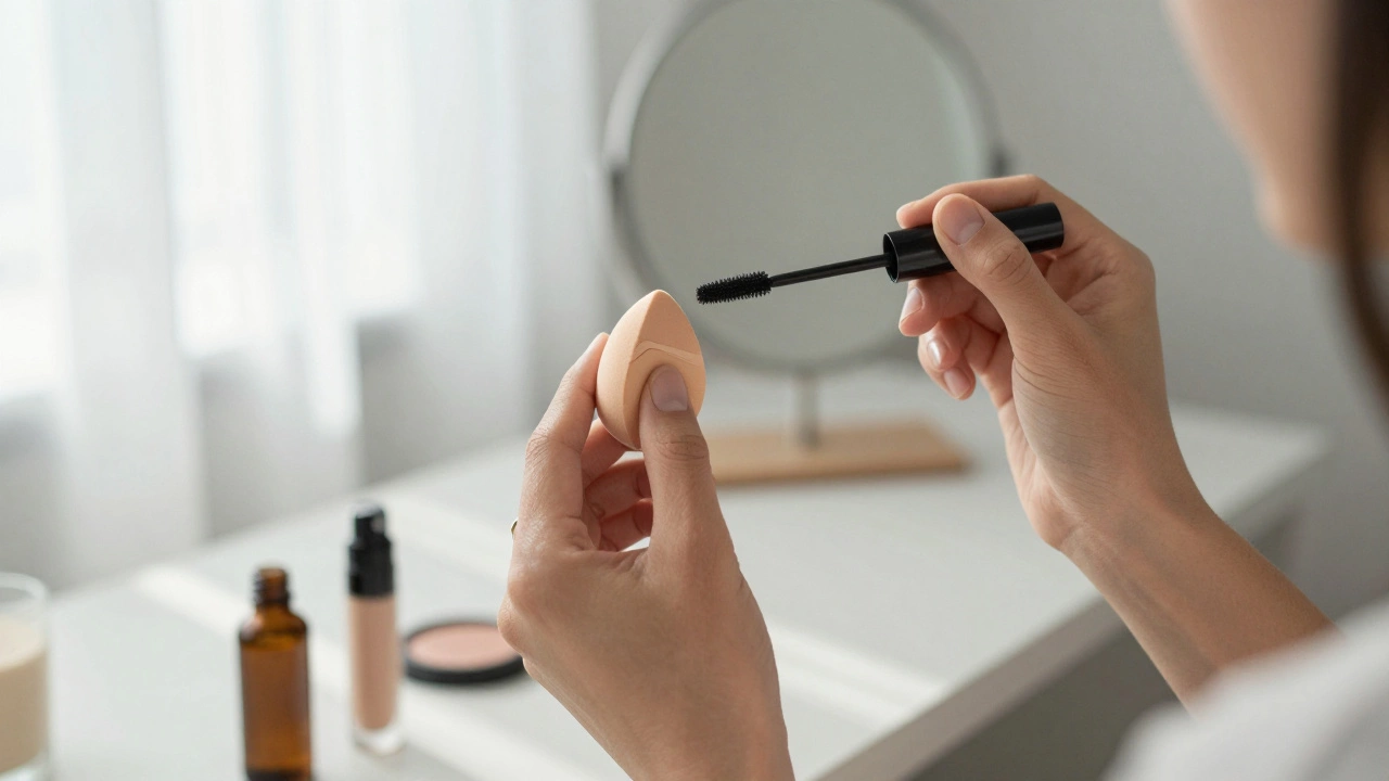 Hand applying foundation and mascara in a sunlit bedroom.