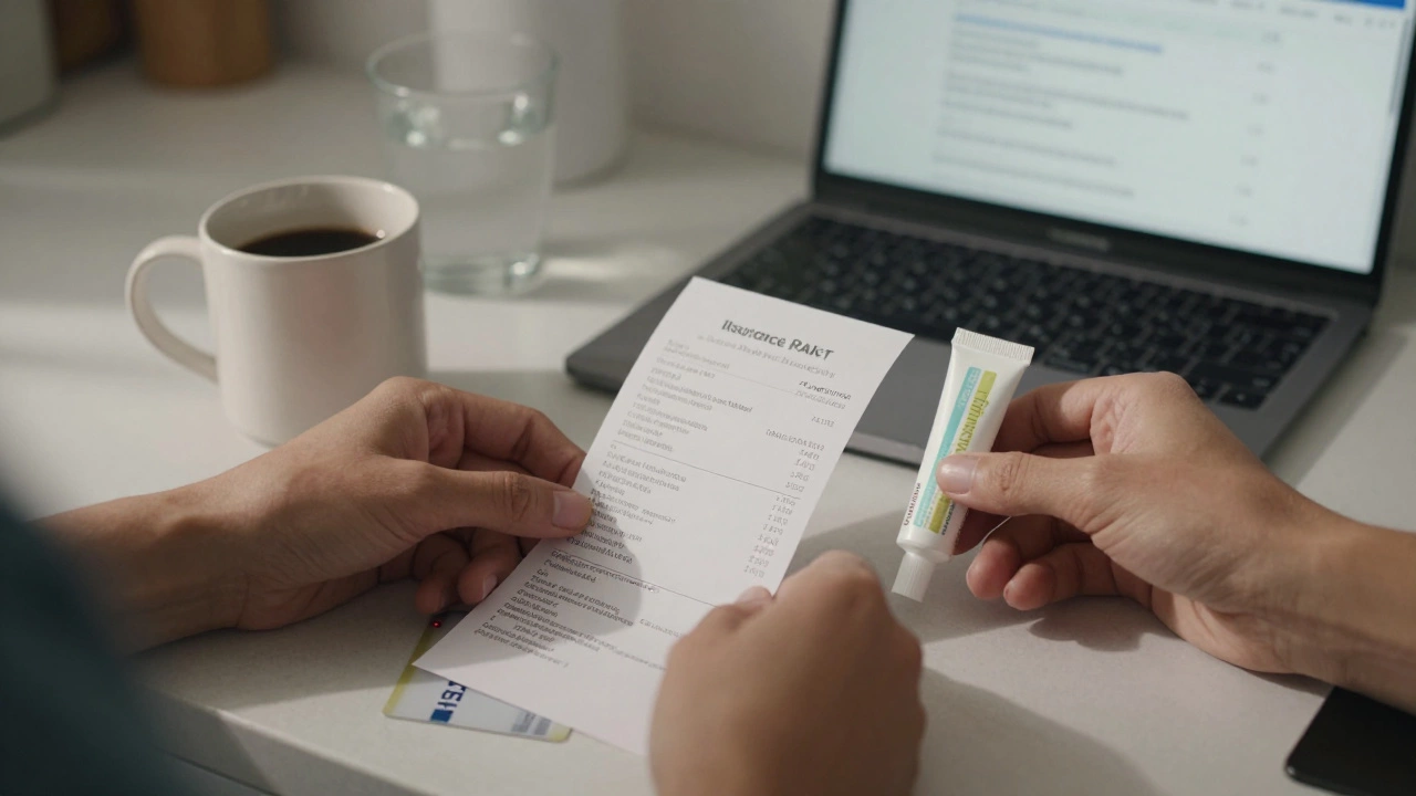 Hands placing prescription receipt and skincare tube next to HSA card on kitchen counter.
