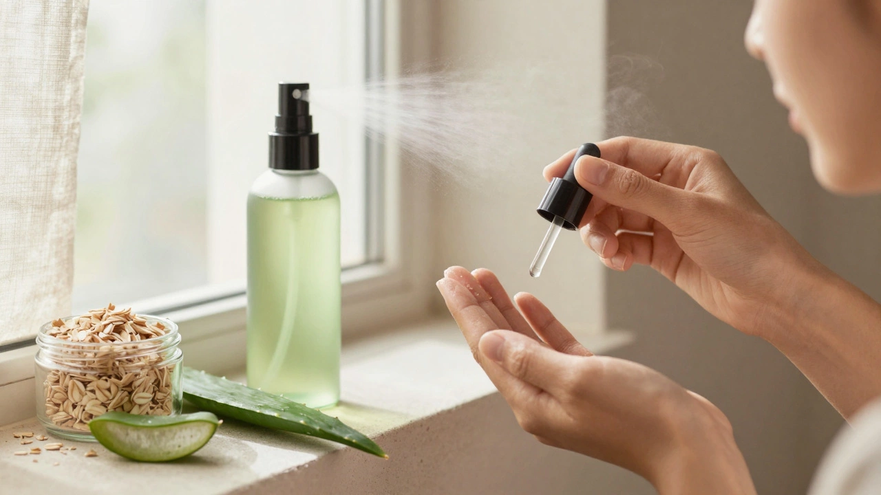 Jojoba oil being gently pressed onto face with green tea mist and aloe vera nearby.