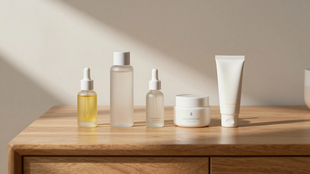 Neatly arranged Korean skincare products on a wooden surface with natural light.