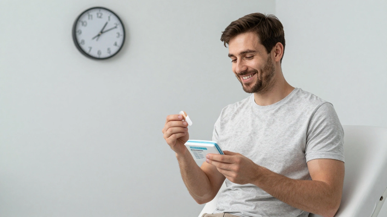 Patient smiling after vasectomy, holding a Band-Aid, with a clock showing quick recovery time.