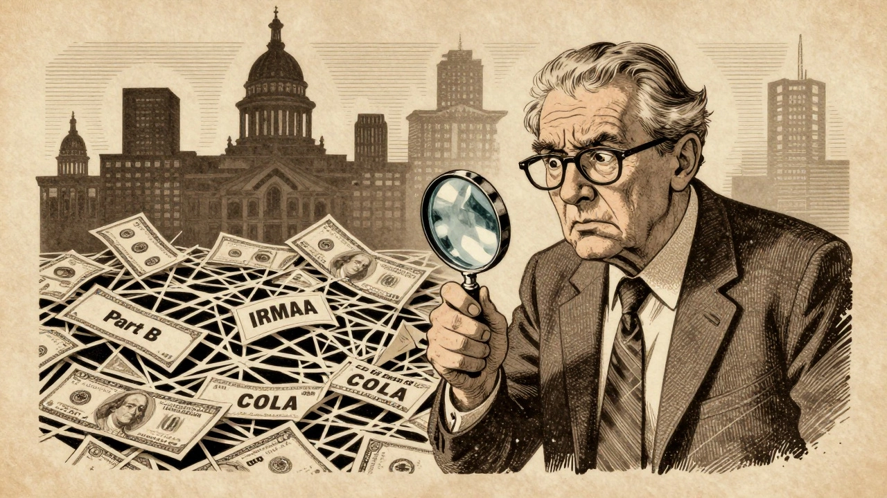 Retiree using magnifying glass to decipher tangled medical bills under government icons.