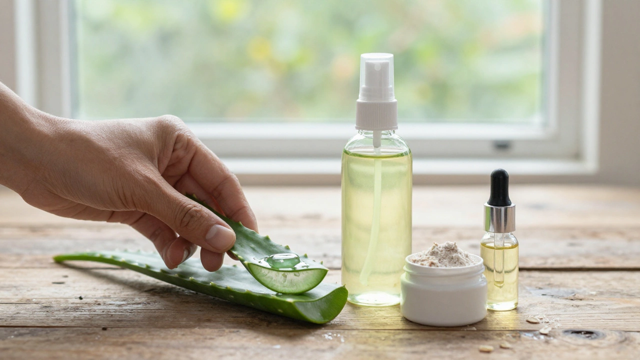 Simple natural skincare ingredients arranged on wood: aloe leaf, oatmeal, tea, and oil.