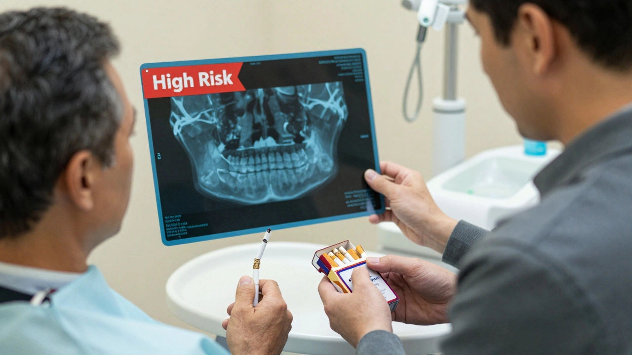 Smoker in dental clinic reviewing a CT scan with a dentist, highlighting high risk for implants.