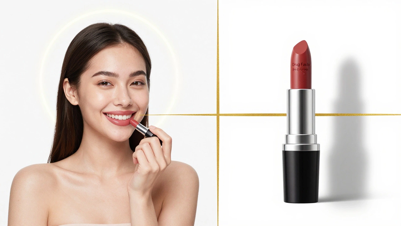 Split image of woman applying lipstick beside a product label showing legal distinction.
