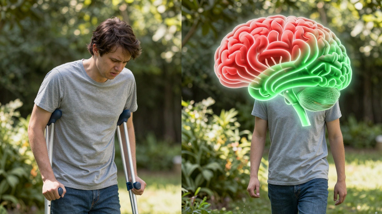 Split image showing a person transitioning from fear and immobility to calm movement, symbolizing brain reprogramming for chronic pain.