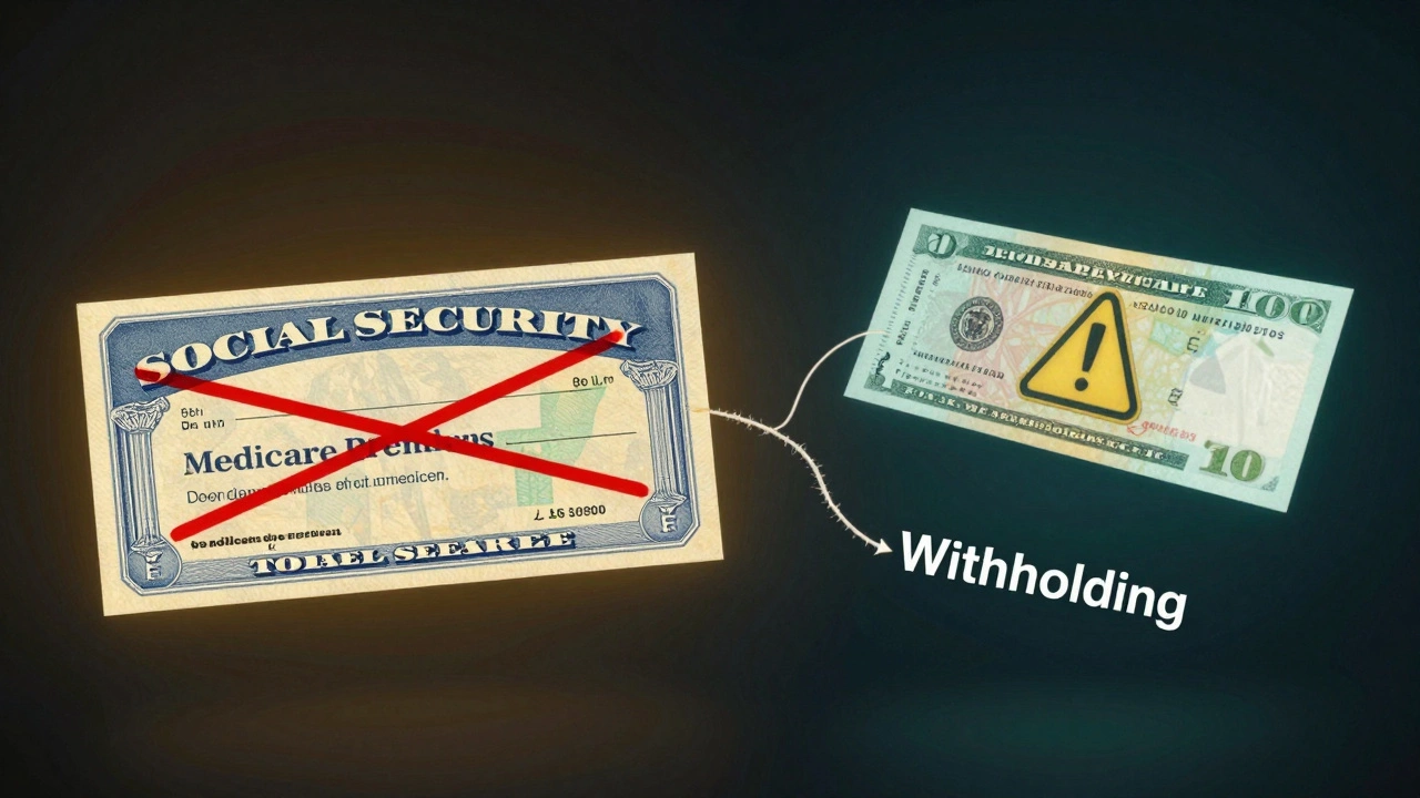 Split visual showing Social Security check with crossed-out premium and floating Medicare bill.