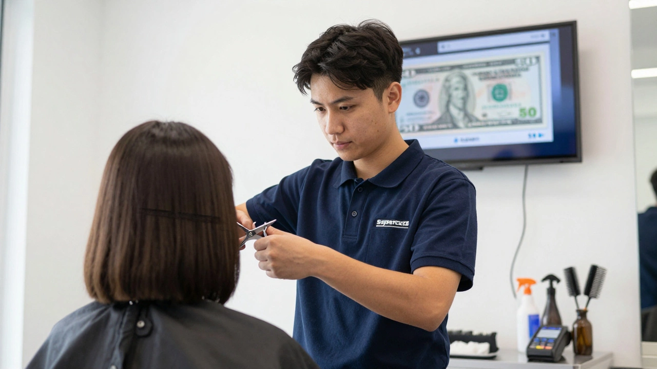 Stylist giving a precise layered cut in a clean Supercuts salon