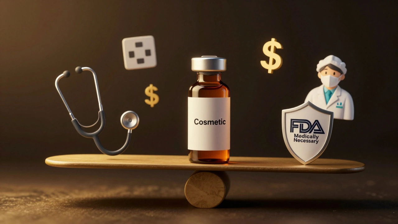 Surreal scale balancing cosmetic skincare against prescription product with medical icons.