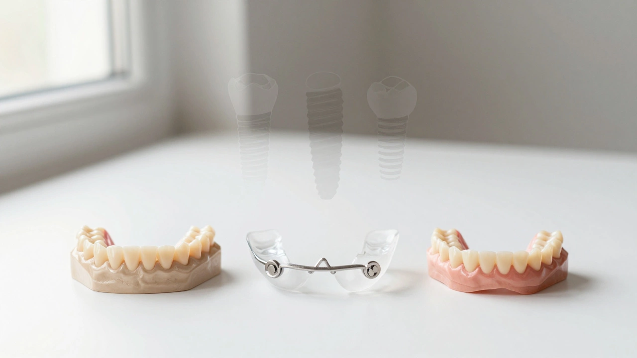 Three dental alternatives: bridge, partial denture, and full denture on a clean surface.