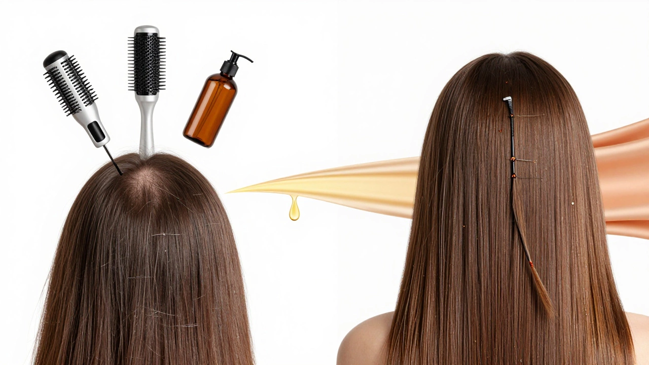 Timeline of hair recovery: damaged hair transforming into healthy strands with oil droplets and a trim snip.