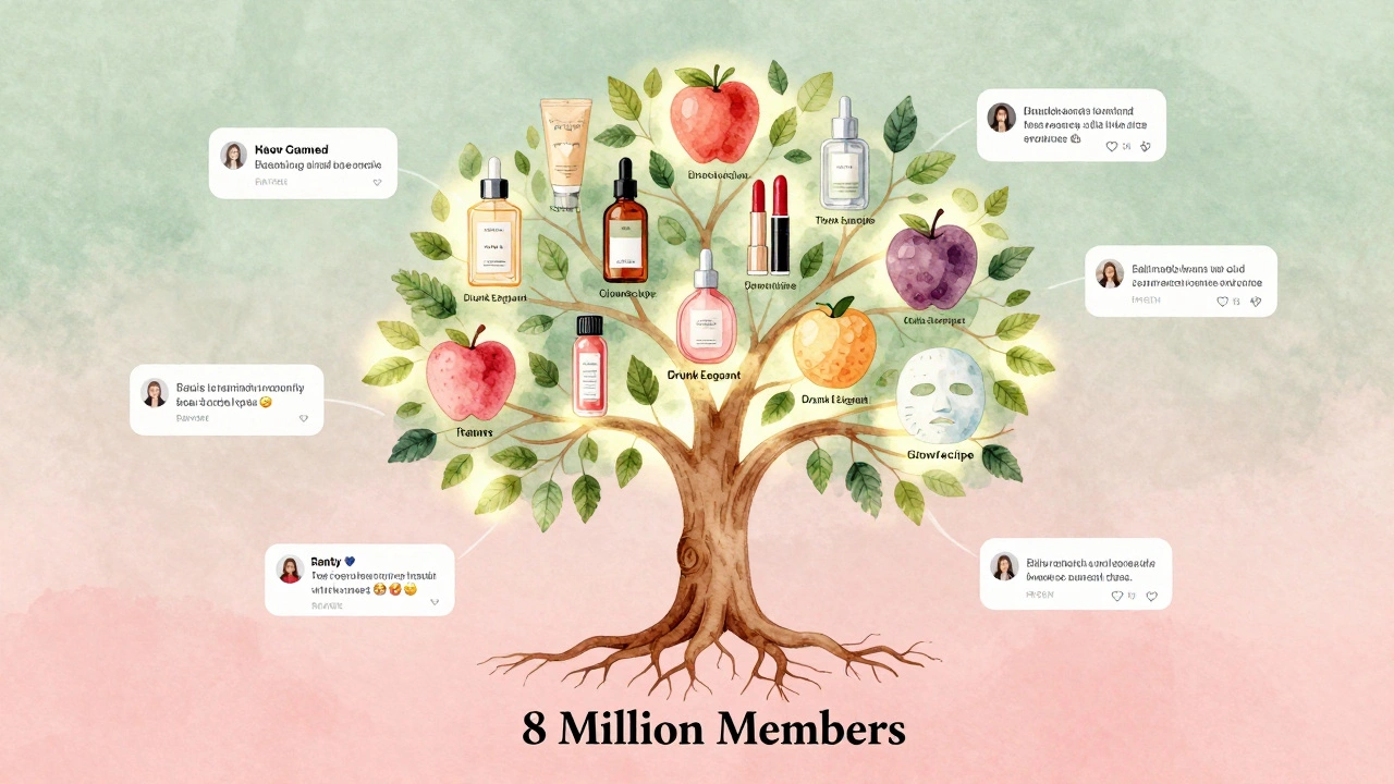 Watercolor tree with beauty product fruit and floating reviews, symbolizing IPSY&#039;s community-driven beauty discovery system.