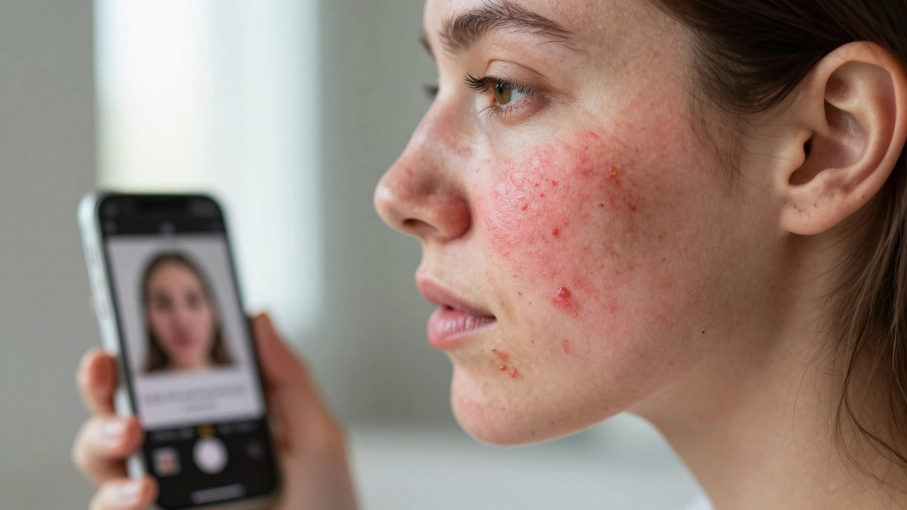 Woman&#039;s face with red, flaky skin, reflection of TikTok acne remedy in bathroom mirror