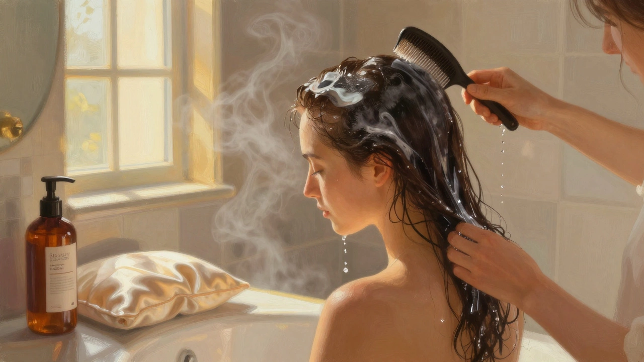 Woman applying deep conditioner to damp hair in a steamy bathroom with silk pillowcase and wide-tooth comb.