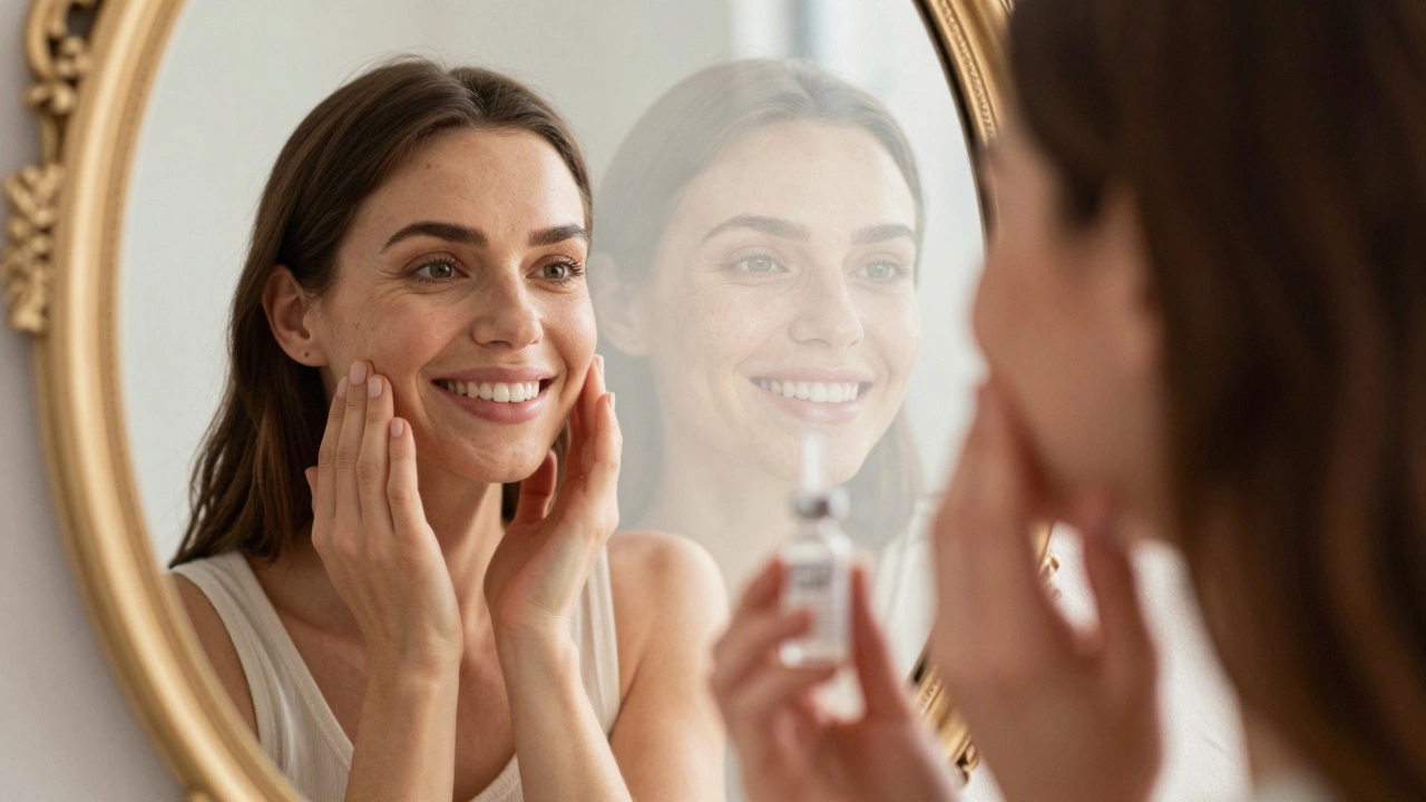Woman smiling at mirror, PRP serum in hand, with translucent before-and-after skin overlay in golden light.