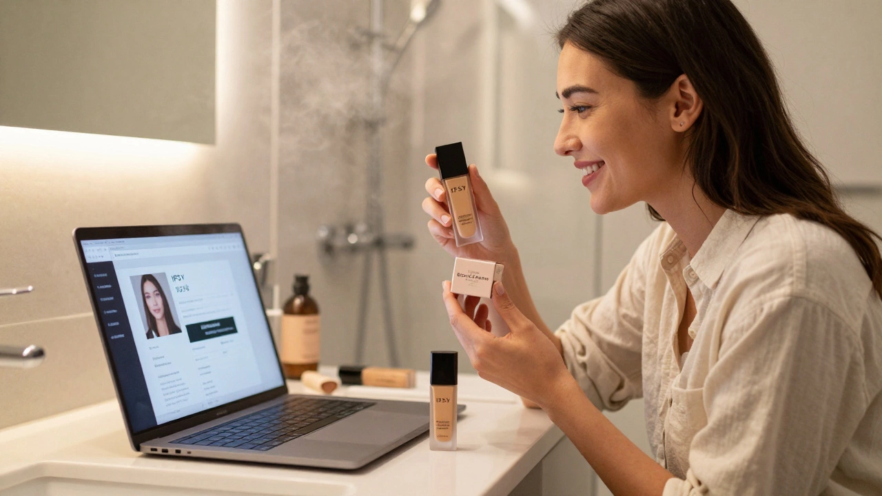 Woman smiling while holding a full-size foundation from BoxyCharm, with an IPSY sample and laptop showing upgrade option nearby.