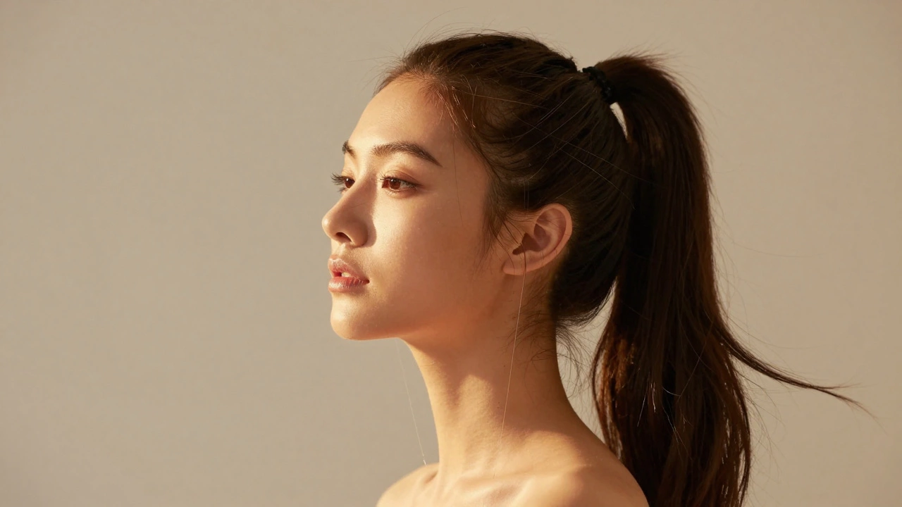 Woman with a high ponytail showing natural facial lift, no visible scars, soft lighting enhancing youthful contours.