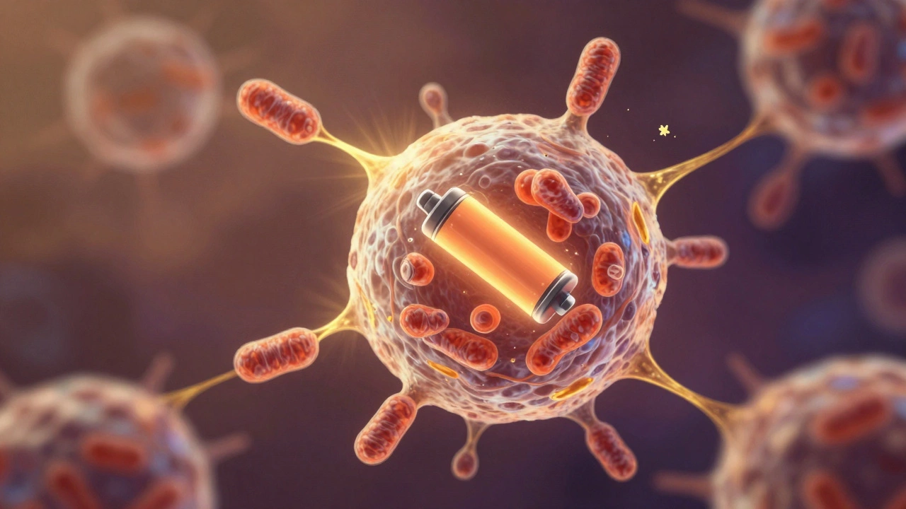 A cell with glowing mitochondria and golden NAD+ molecules energizing its structure.