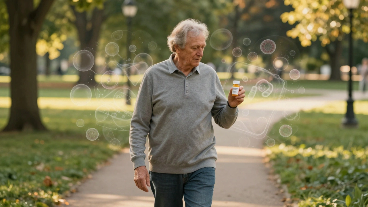 An older adult walking in a park, holding a weekly rapamycin pill bottle with subtle cellular rejuvenation effects.