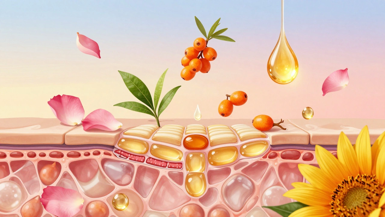 Cross-section of mature skin repaired with plant ceramides and organic ingredients floating around.