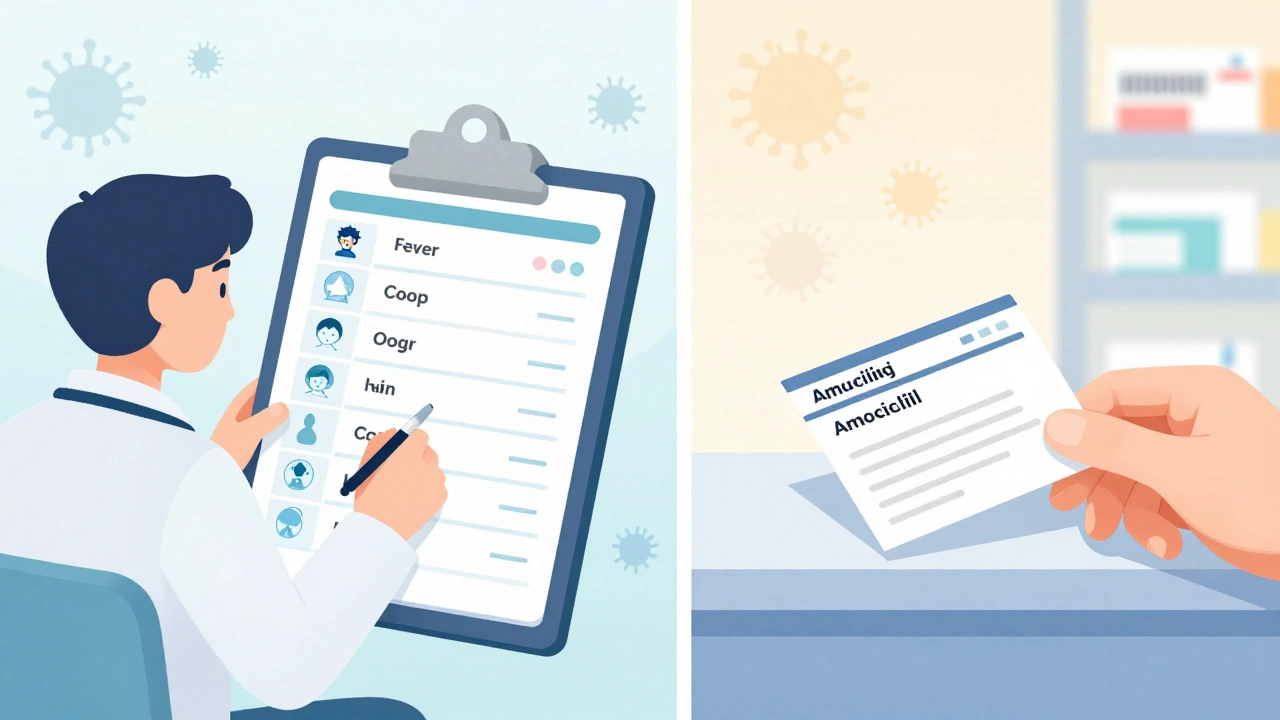 Doctor reviewing digital symptoms on one side, pharmacy printing antibiotic prescription on the other.