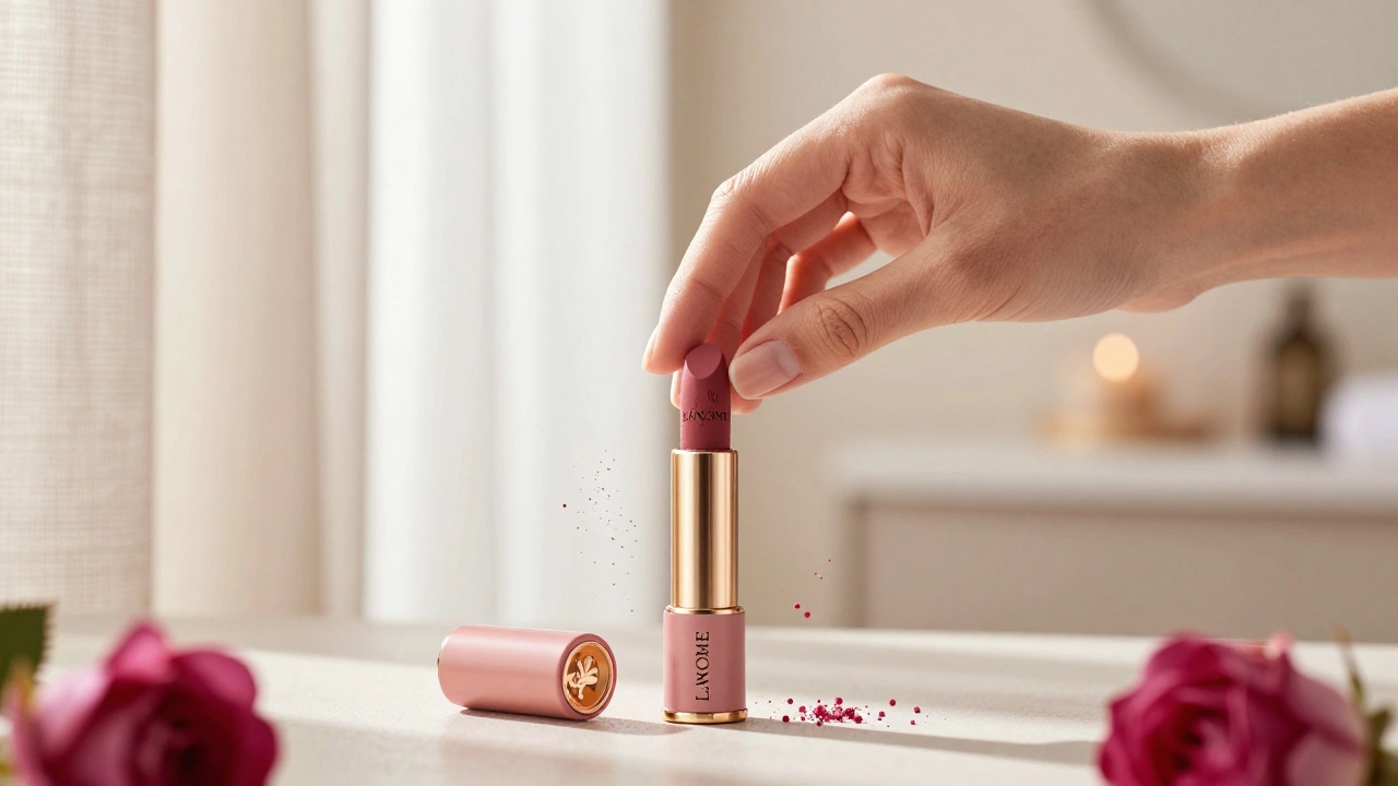 Hand pressing a refillable lipstick into its magnetic base with floating botanical particles.