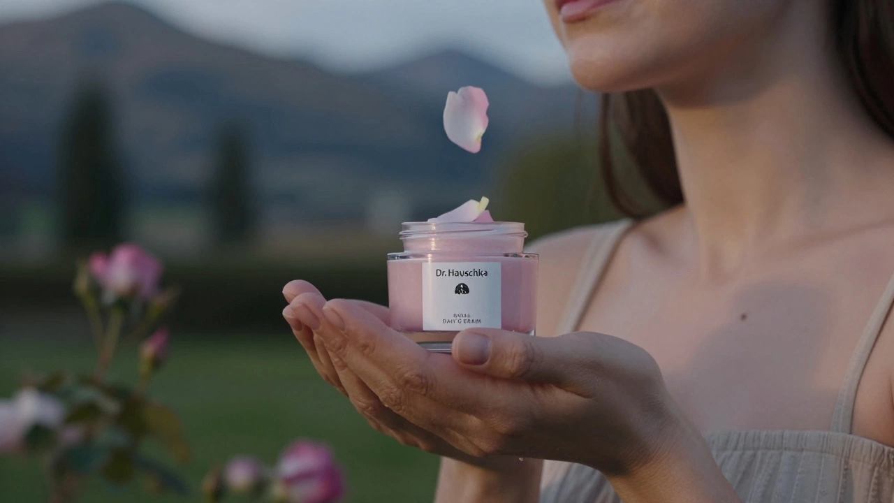 Hands holding rose day cream with falling petals, radiant neck and décolletage in twilight garden.