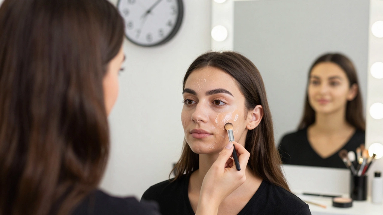 Makeup artist applying primer to client's skin, with moisturizer fully absorbed and clock showing morning time.
