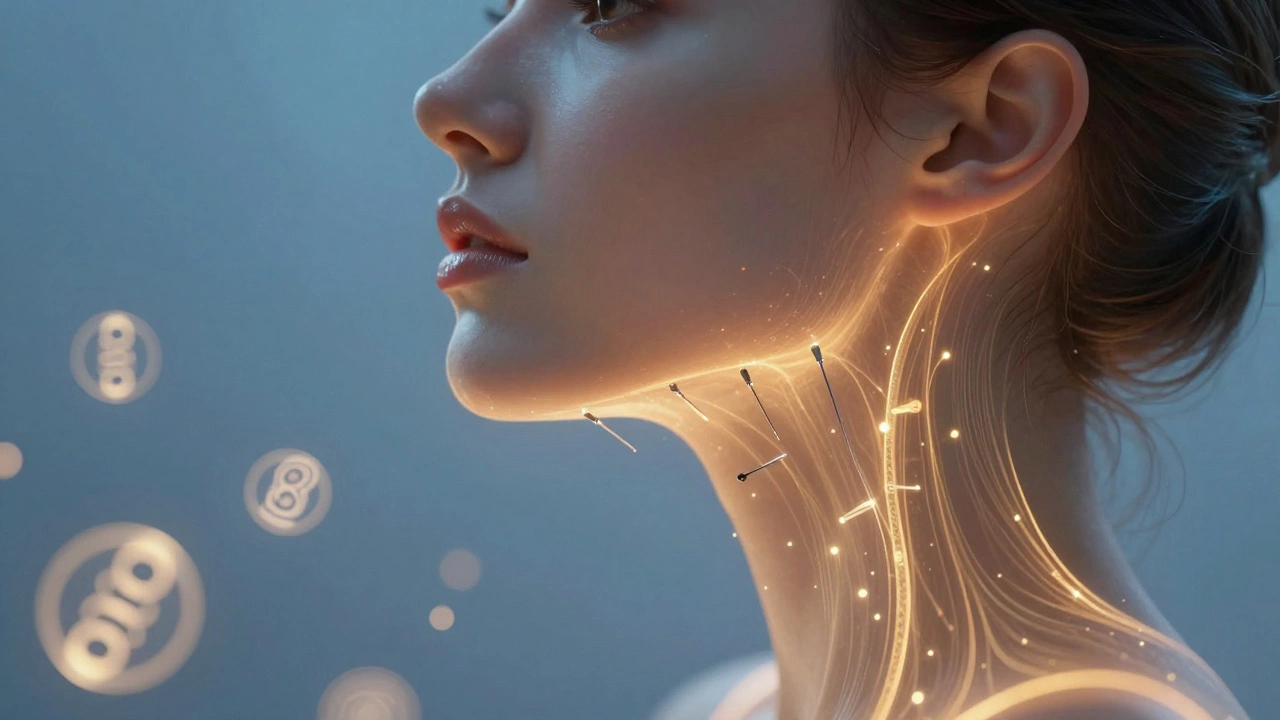 Profile view of lifted jawline with collagen-rebuilding microneedling effect, heat waves and fibers visible