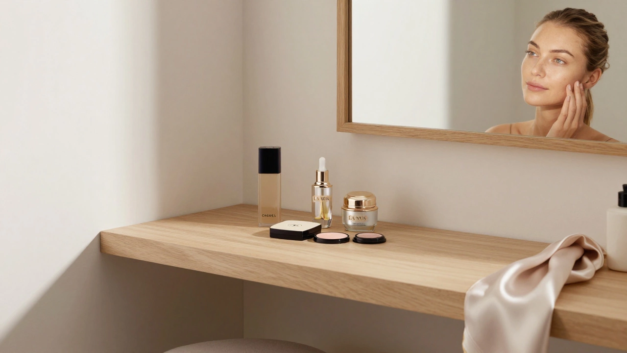 Refillable luxury makeup compacts on a minimalist bathroom counter.
