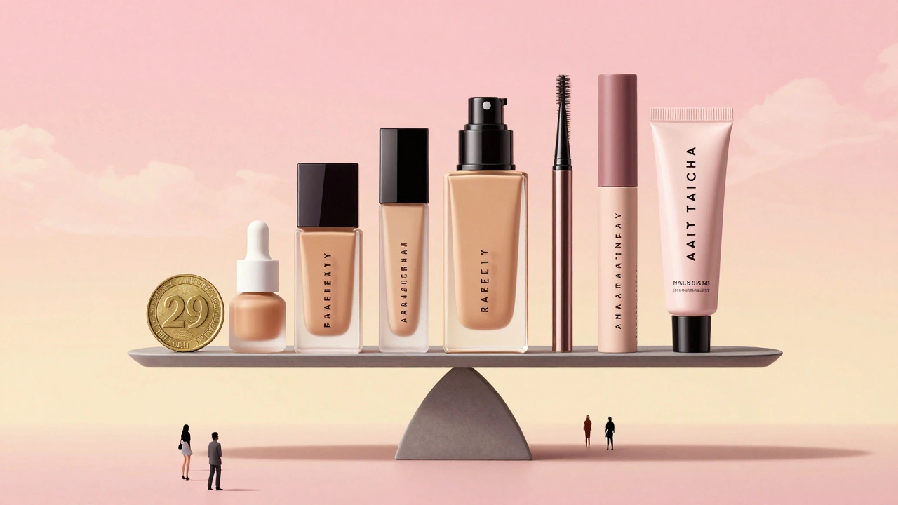 Scale balancing  against luxury makeup products in a dreamy sky.