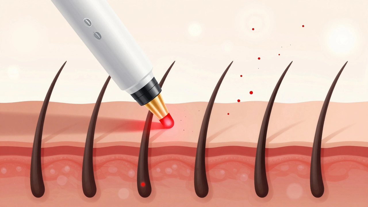 Scientific illustration showing laser beams targeting hair follicles beneath the skin with pigment absorption and hair shedding.